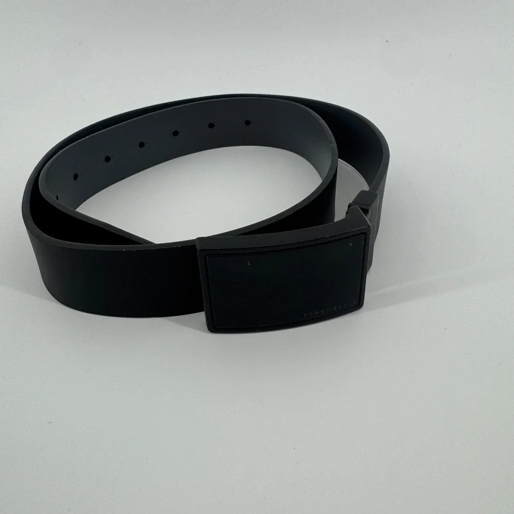 Perry Ellis Smooth Leather Mens Belt 36 Black Plaque Buckle Minimalist Sleek